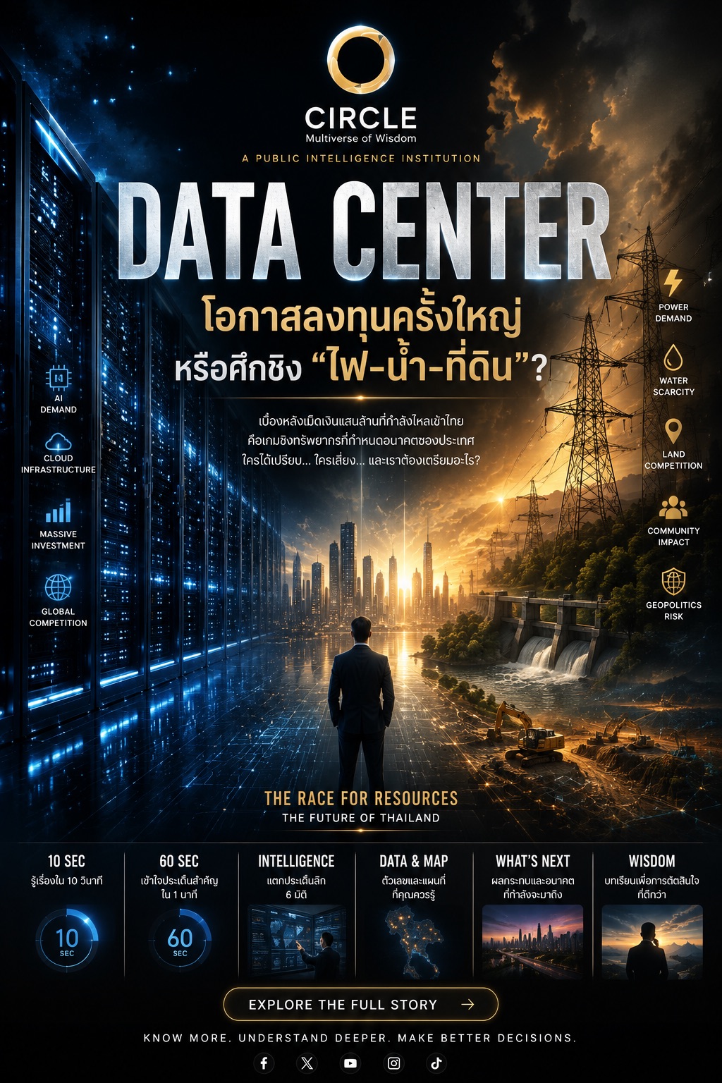 ภาพประกอบดาต้าเซ็นเตอร์ขนาดใหญ่ท่ามกลางภูมิทัศน์อุตสาหกรรม มีแสงสีฟ้าจากแร็คเซิร์ฟเวอร์ตัดกับแสงทองของโรงงานและเสาส่งไฟฟ้า